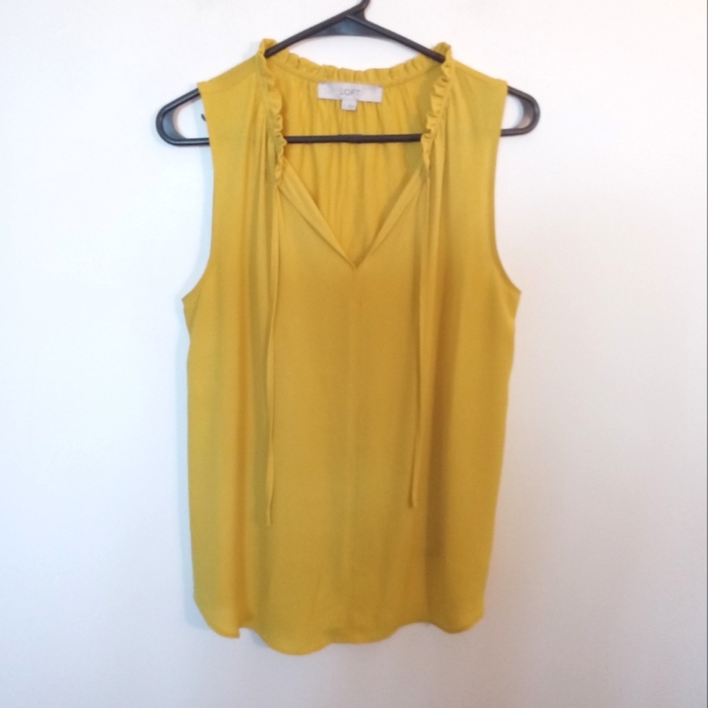 LOFT Women's Yellow Sleeveless Tank with Ruffle Tie Neckline Small Oversized